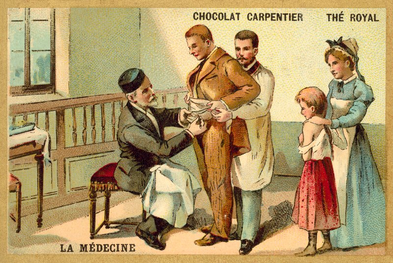 Louis Pasteur rokottaa potilasta raivotautia vastaan Pasteur-instituutissa (chromolitho) tekijältä French School