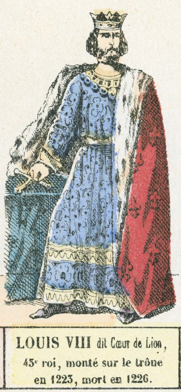Louis VIII dit Coeur de Lion, 43. kuningas, nousi valtaistuimelle vuonna 1223, kuoli vuonna 1226 (värillinen kaiverrus) tekijältä French School