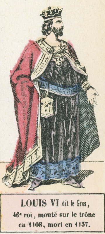 Louis VI dit le Gros, 46. kuningas, nousi valtaistuimelle vuonna 1108, kuoli vuonna 1137 (värinen kaiverrus) tekijältä French School