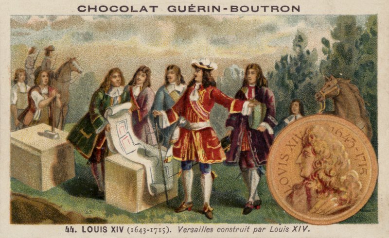 Ludvig XIV Ranskan valvomassa Versaillesin palatsin (chromolitho) rakentamista tekijältä French School