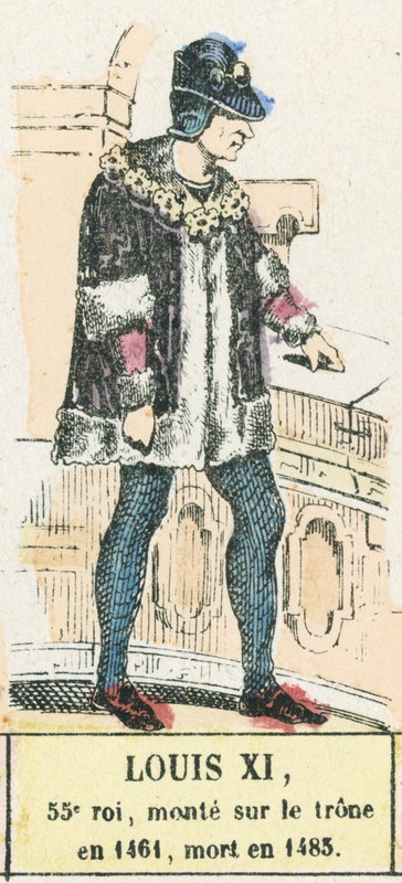 Ludvig XI, 55. kuningas, nousi valtaistuimelle vuonna 1461, kuoli vuonna 1483 (värillinen kaiverrus) tekijältä French School