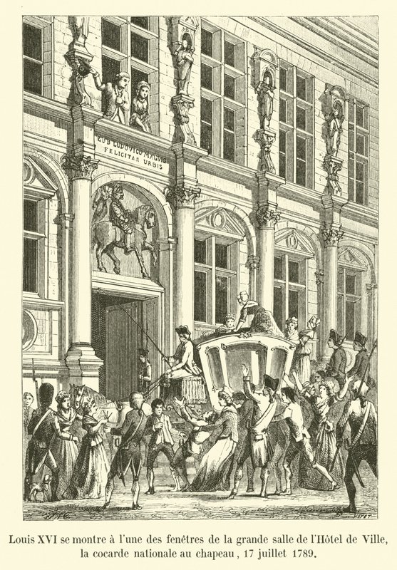 Ludvig XVI näyttää itseään kuun Hôtel de Villen suuren salin ikkunoista, kansalliskokarda hatussa, 17. heinäkuuta 1789 tekijältä French School