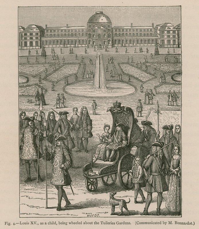 Ludvig XV lapsena pyöräiltyään Tuileries-puutarhoista tekijältä French School