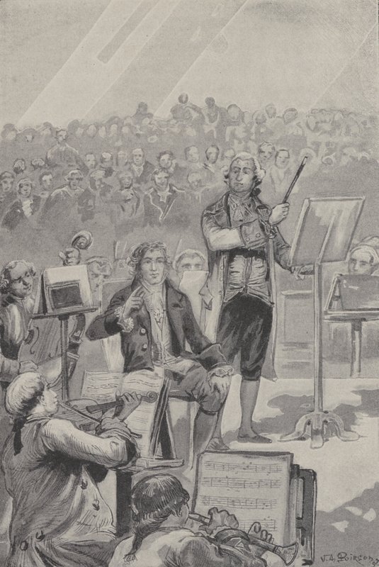Ludwig van Beethoven johtaa orkesteria kuuroudesta huolimatta (kaiverrus) tekijältä French School