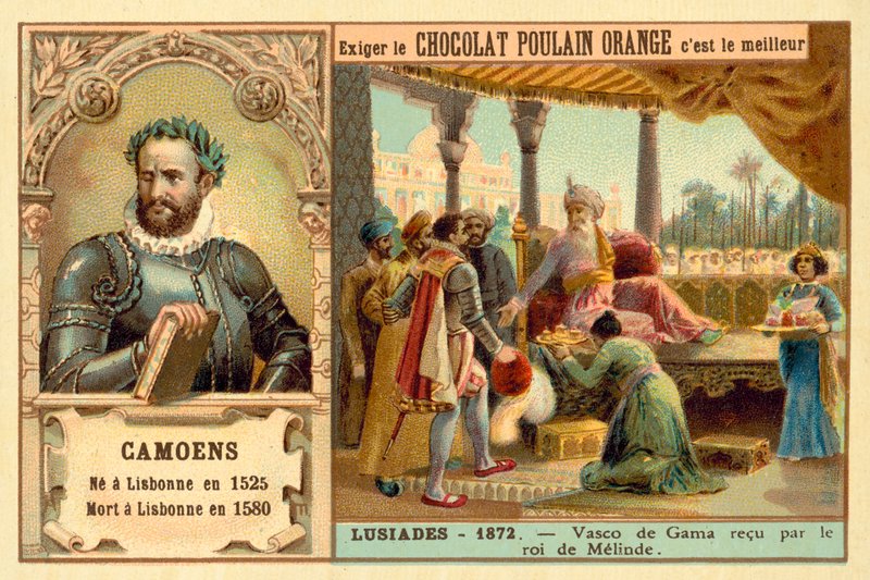 Luis de Camoes, portugalilainen runoilija, ja kohtaus hänen runostaan Lusiadit, jossa Vasco da Gama otetaan vastaan Malindin kuninkaan toimesta (kromoliittinen). tekijältä French School