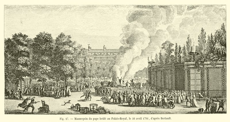 Bertaultin mukaan paavin mallinukke poltettiin Palais-Royalissa 16. huhtikuuta 1791 tekijältä French School
