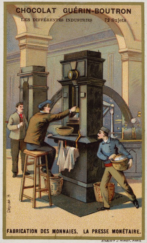 Kolikoiden valmistus. Kolikkopuristin (chromolitho) tekijältä French School