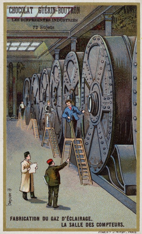 Kaasun valmistus valaistukseen. Mittarisali (chromolitho) tekijältä French School