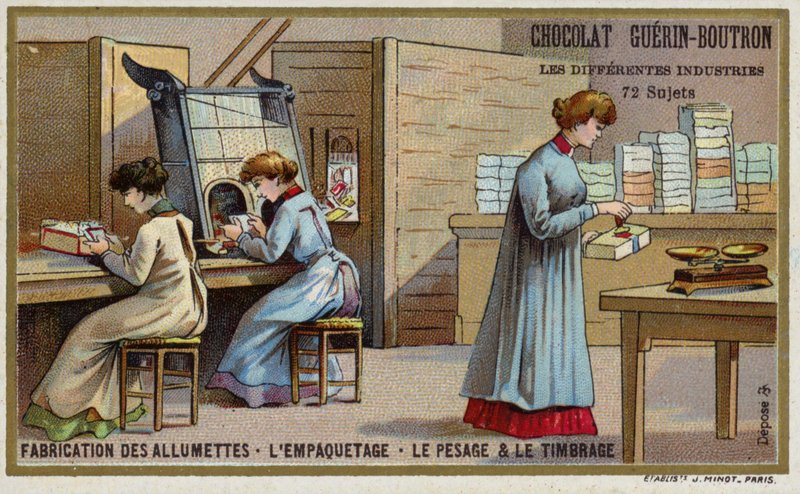 Valmistus tulitikut. Pakkaus, punnitus ja leimaaminen (chromolitho) tekijältä French School