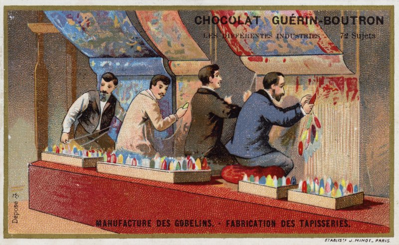 Kuvakudosten valmistus Gobelins Manufactoryssa (chromolitho) tekijältä French School