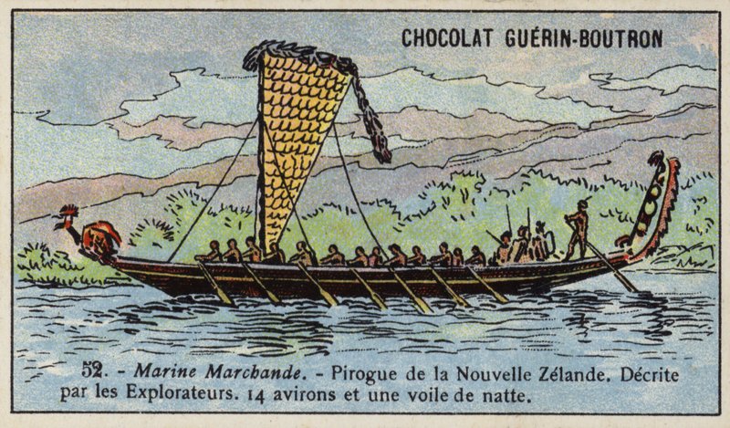 Maorikanootti, Uusi-Seelanti (chromolitho) tekijältä French School