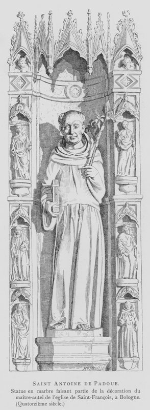 Pyhän Antoniuksen Padovalaisen marmoripatsas, Pyhän Franciscuksen basilika, Bologna, Italia (litho) tekijältä French School