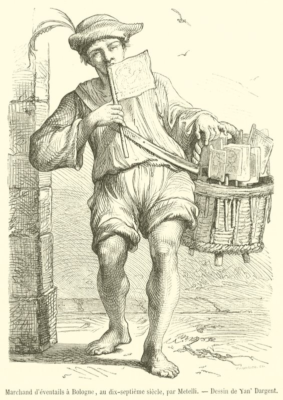 Viuhkakauppias Bolognassa, 1600-luku (kaiverrus) tekijältä French School