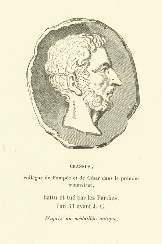 Marcus Licinius Crassus, Pompeius Suuren ja Julius Caesarin kollega ensimmäisessä triumviraatissa, tappoi partiolaisia vastaan vuonna 53 eKr. (kaiverrus) tekijältä French School