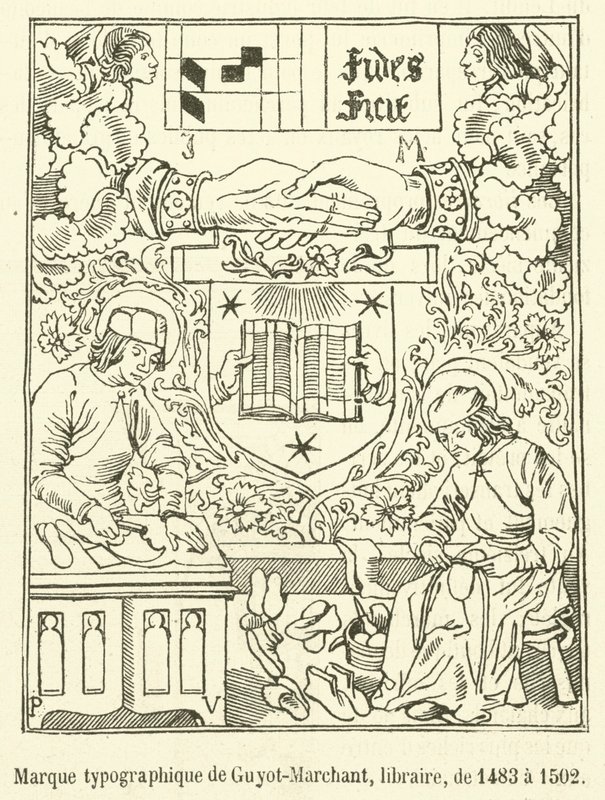 Kirjakauppiaan Guyot-Marchantin typografinen merkki vuosilta 1483-1502 (kaiverrus) tekijältä French School