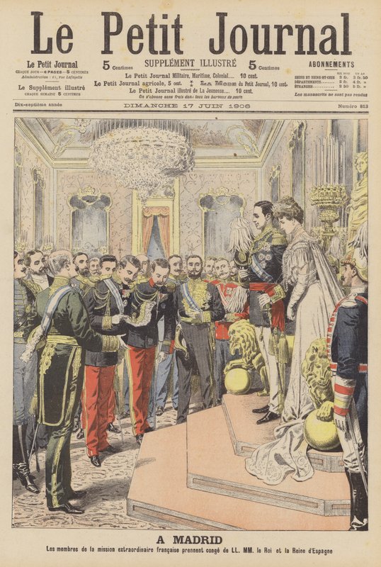 Espanjan kuninkaan Alfonso XIII:n ja Victoria Eugenien Battenbergin avioliitto (väri litho) tekijältä French School