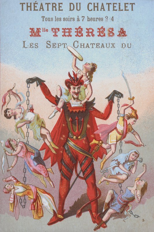 Mefistofelet roikkuvat miehiä ja naisia ketjuissa (väri litho) tekijältä French School