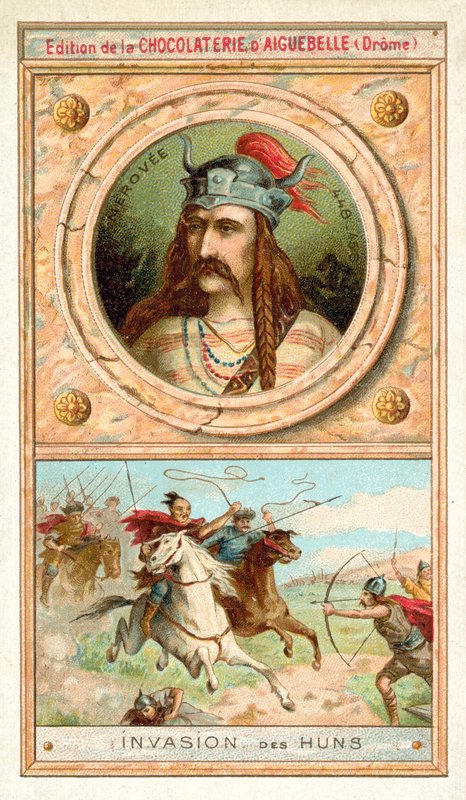 Merovech, salialaisten frankien kuningas ja hunnien hyökkäys, 451 (chromolitho) tekijältä French School