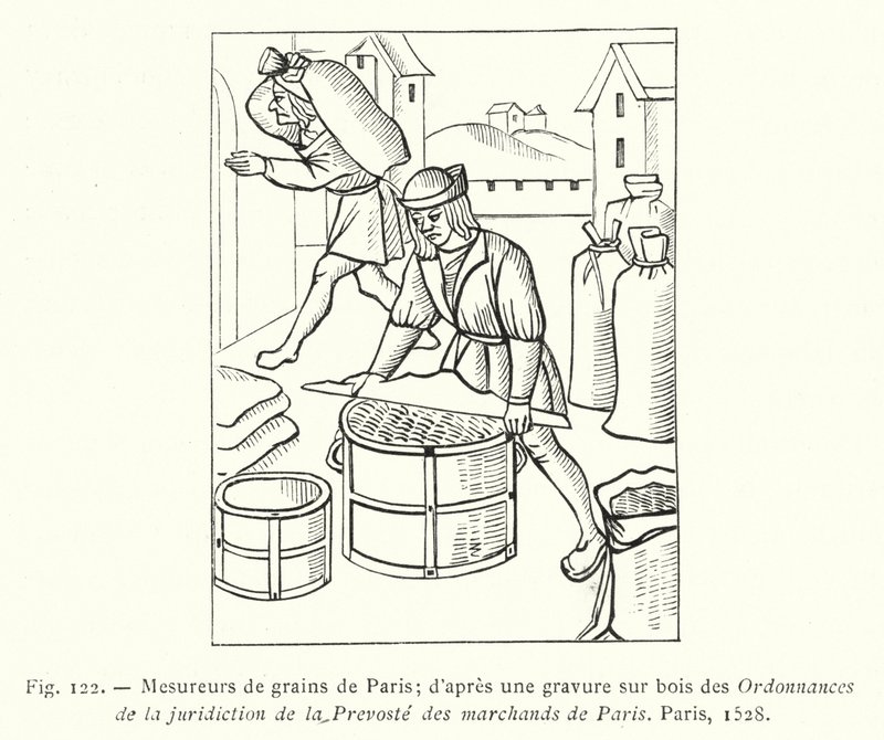 Pariisin viljanmittaajat; puupiirros Ordannances de la Jurisdiction de la Prevoste des Marchands de Parisista, Pariisi tekijältä French School