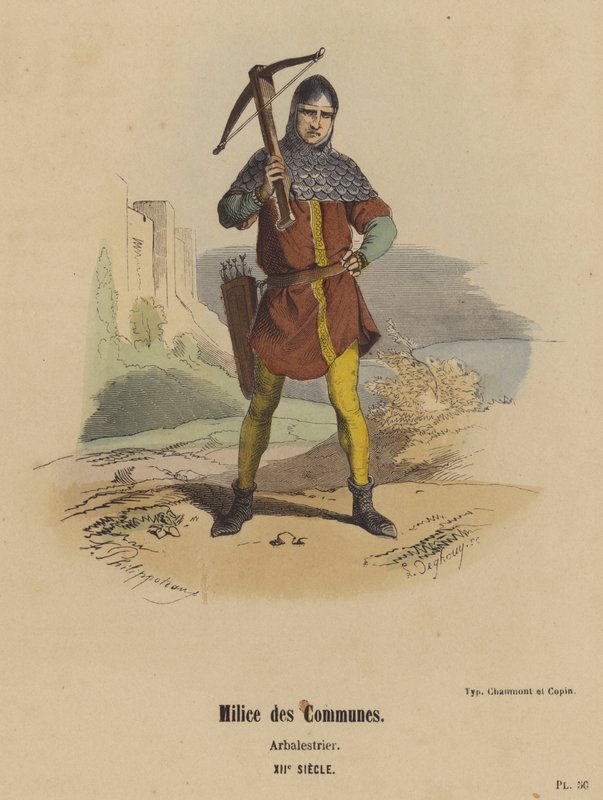 Kuntien miliisi, Arbalestrier, XIIth Century (värillinen kaiverrus) tekijältä French School