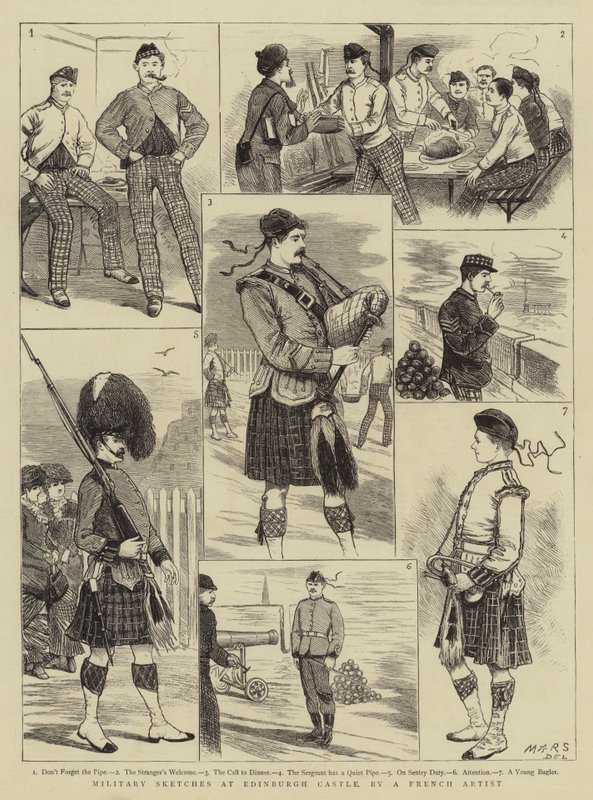 Sotilaalliset luonnokset Edinburghin linnassa (kaiverrus) tekijältä French School