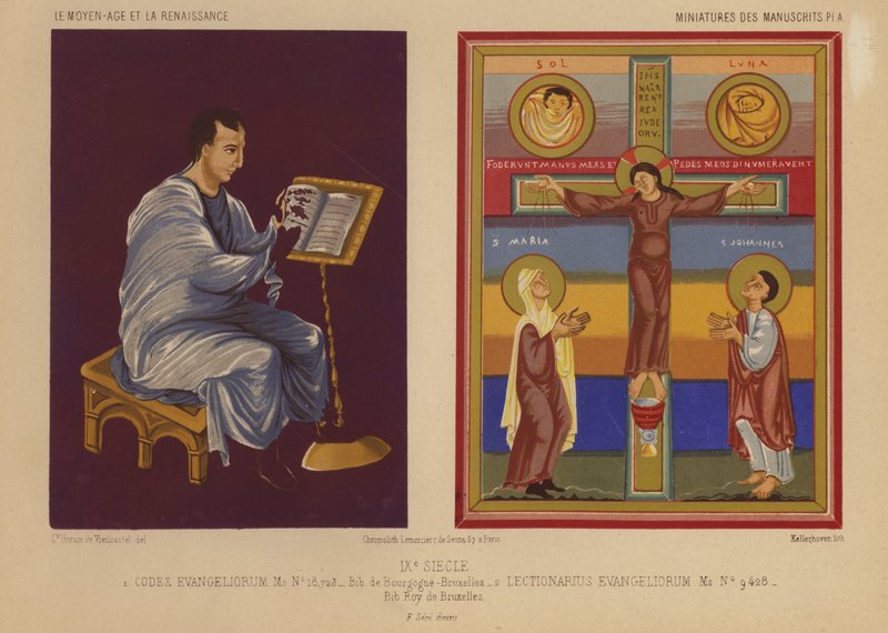 Miniatyyrejä 800-luvun valaistuista käsikirjoituksista (chromolitho) tekijältä French School