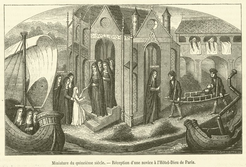 Pienoismalli 1500-luvulta, aloittelijan vastaanotto Pariisin Hotel-Dieussa (kaiverrus) tekijältä French School