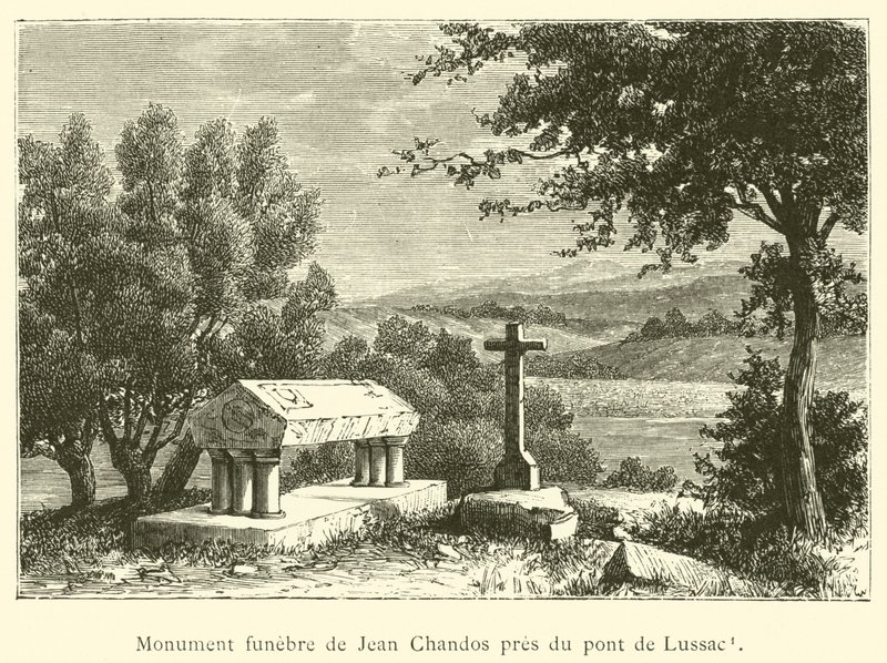 Jean Chandosin hautausmuistomerkki lähellä Lussacin siltaa (kaiverrus) tekijältä French School