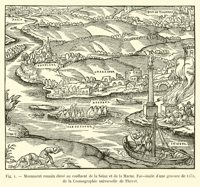 Roomalainen monumentti pystytetty Seinen ja Marnen yhtymäkohtaan, faksimile kaiverruksesta vuodelta 1575, Thevetin Cosmographie universellesta tekijältä French School