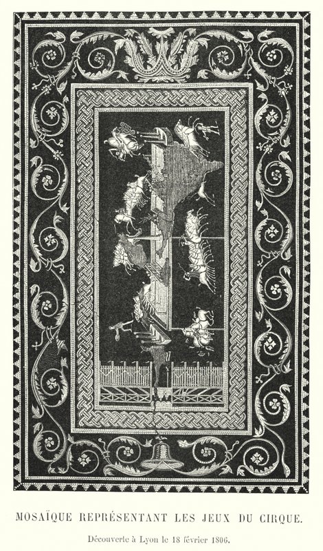 Sirkuspelejä edustava mosaiikki, löydetty Lyonista 18. helmikuuta 1806 (kaiverrus) tekijältä French School