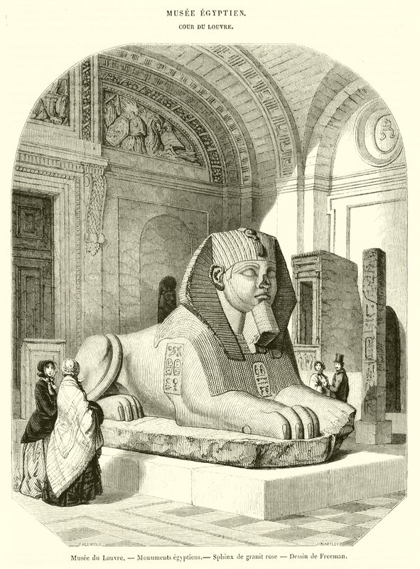 Louvre-museo, egyptiläiset monumentit, vaaleanpunainen graniittisfinksi (kaiverrus) tekijältä French School