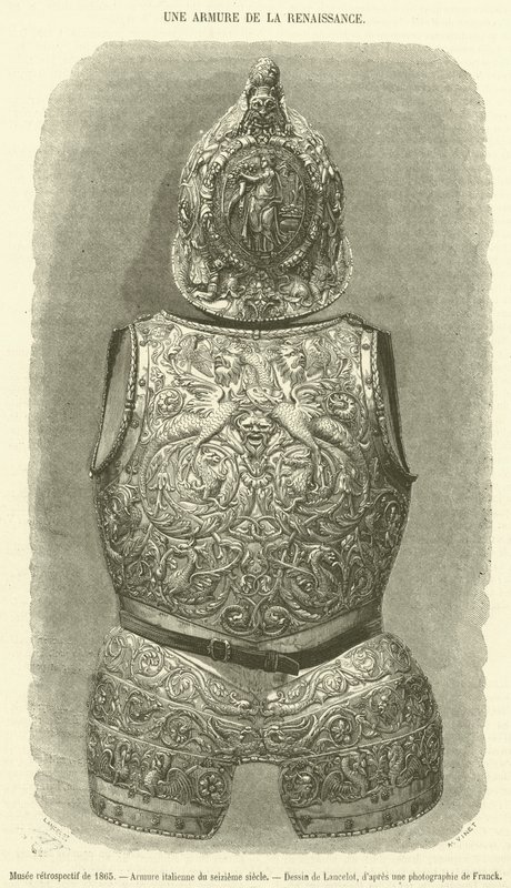 Retrospektiivinen museo vuodelta 1865, italialainen haarniska 1500-luvulta (kaiverrus) tekijältä French School
