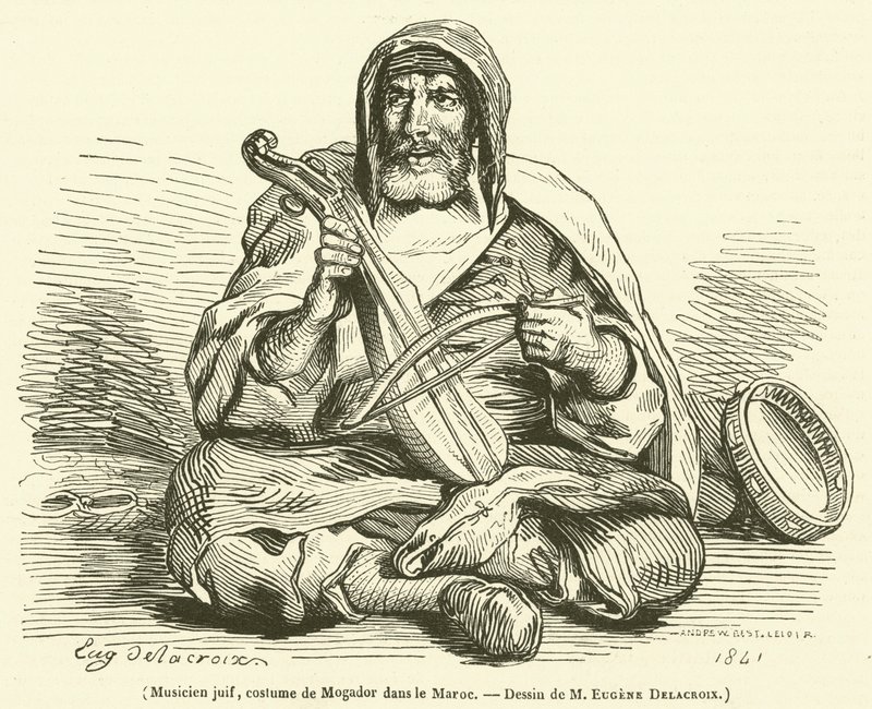 Juutalainen muusikko, puku Mogadorista Marokosta (kaiverrus) tekijältä French School