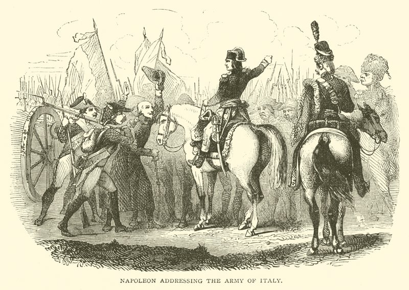 Napoleon puhuu Italian armeijalle (kaiverrus) tekijältä French School