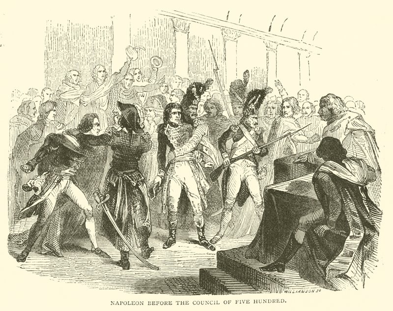 Napoleon viidensadan neuvoston edessä (kaiverrus) tekijältä French School