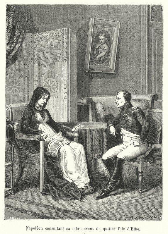Napoleon neuvottelee äitinsä kanssa ennen lähtöään Elban saarelta (kaiverrus) tekijältä French School