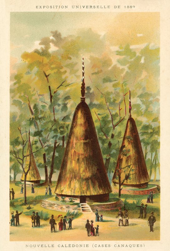 Uusi-Kaledonia (Kanak-majat), Exposition Universelle 1889, Pariisi (chromolitho) tekijältä French School