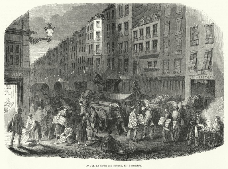 Sanomalehtimarkkinat, Rue Montmartre, Pariisi (kaiverrus) tekijältä French School