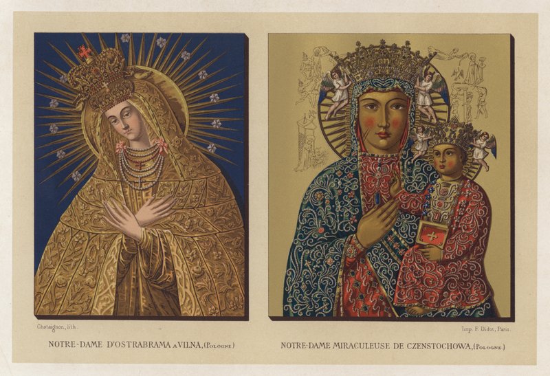 Our Lady of Ostrabrama Vilnassa, Puolassa; Our Lady Miraculous of Czenstochowa, Puola (chromolitho) tekijältä French School