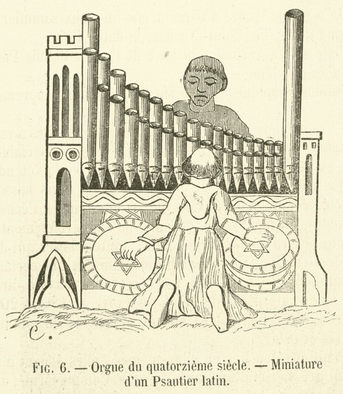 1400-luvun urut, latinalaisen psalterin pienoismalli (kaiverrus) tekijältä French School