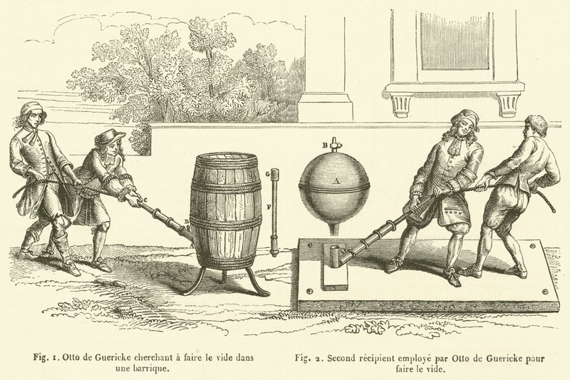 Otto de Guericke yrittää luoda tyhjiön tynnyriin, toinen vastaanottaja, jota Otto de Guericke käytti tyhjiön luomiseen (kaiverrus) tekijältä French School