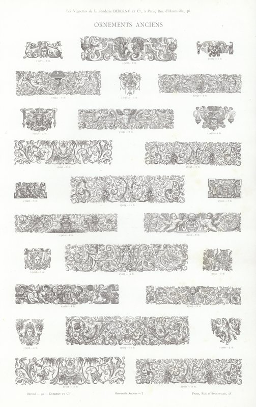 Sivu typografisista vinjeteistä (kaiverrus) tekijältä French School