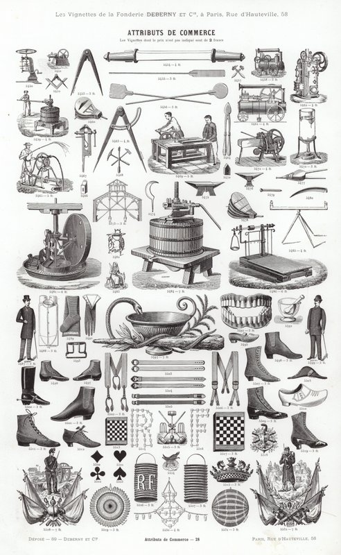 Sivu typografisista vinjeteistä (kaiverrus) tekijältä French School