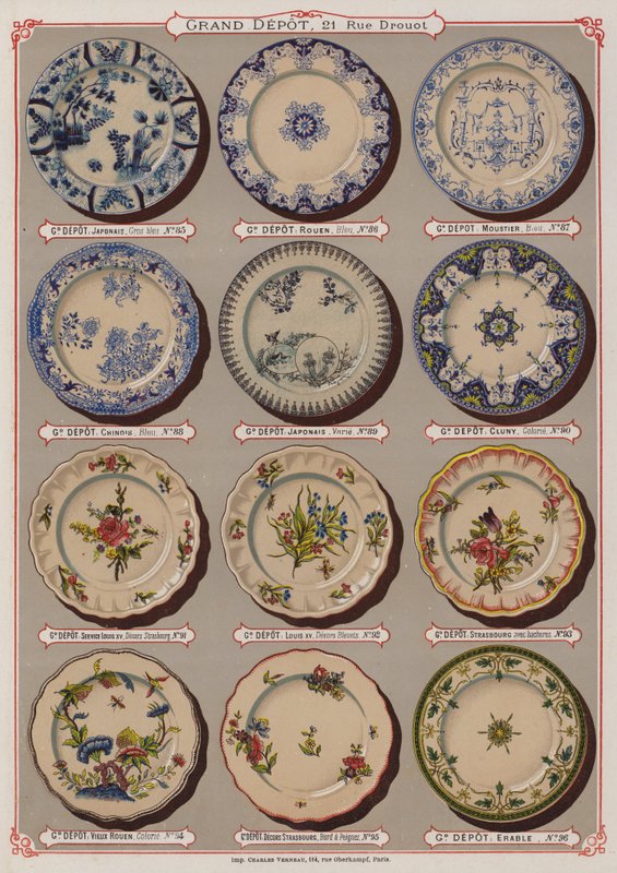 Sivu Grand Depot de Porcelaines, Faiences et Verreriesin luettelosta (värilitho) tekijältä French School