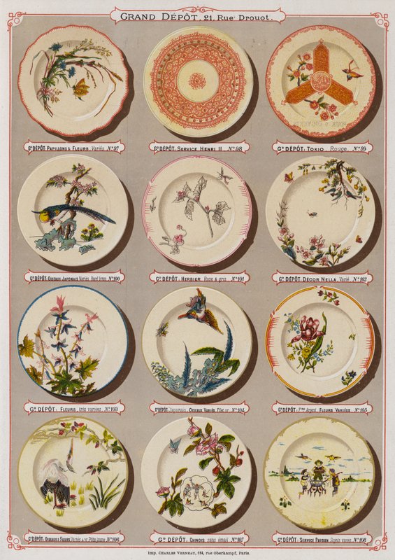 Sivu Grand Depot de Porcelaines, Faiences et Verreriesin luettelosta (värilitho) tekijältä French School