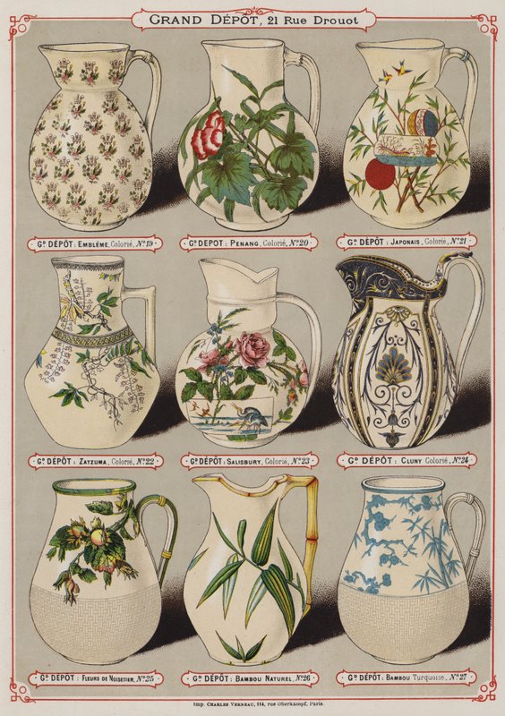 Sivu Grand Depot de Porcelaines, Faiences et Verreriesin luettelosta (värilitho) tekijältä French School