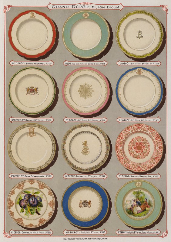 Sivu Grand Depot de Porcelaines, Faiences et Verreriesin luettelosta (värilitho) tekijältä French School