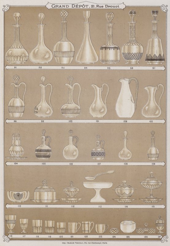 Sivu Grand Depot de Porcelaines, Faiences et Verreriesin luettelosta (värilitho) tekijältä French School