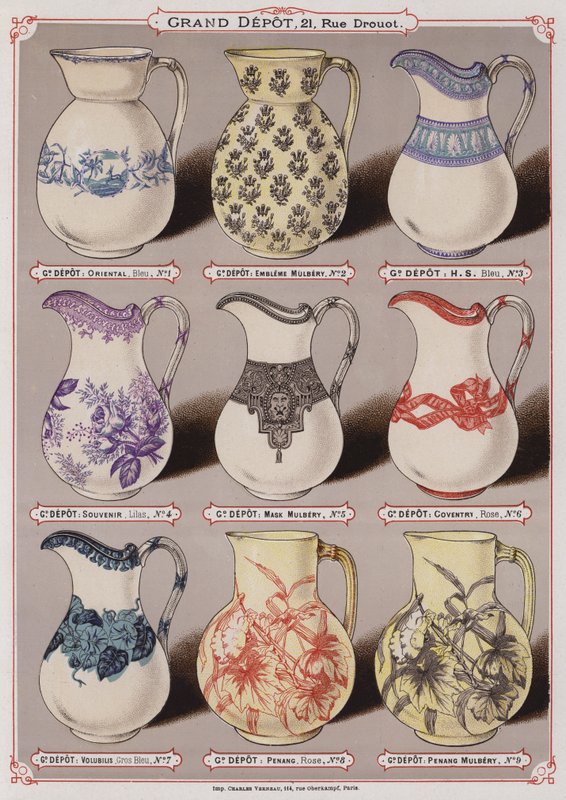 Sivu Grand Depot de Porcelaines, Faiences et Verreriesin luettelosta (värilitho) tekijältä French School
