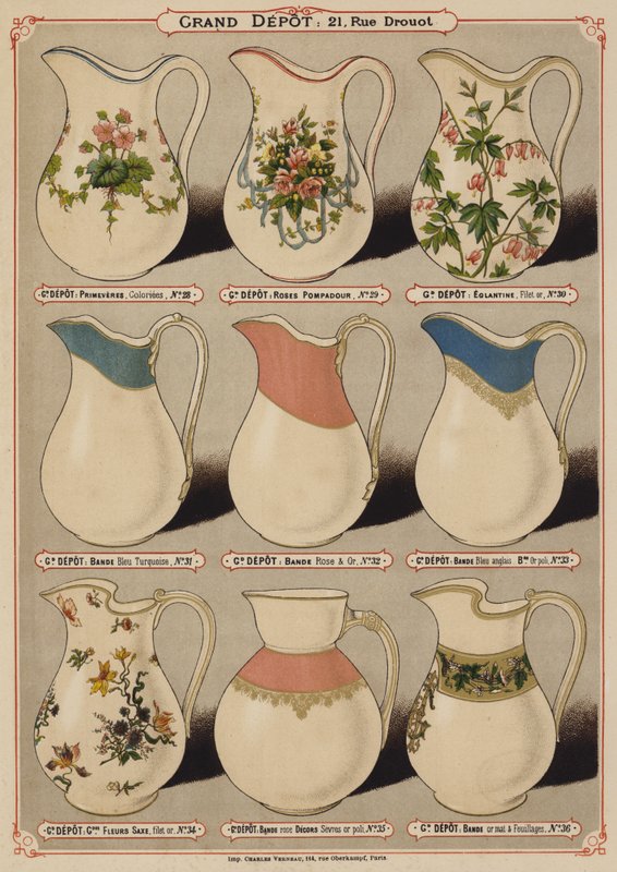 Sivu Grand Depot de Porcelaines, Faiences et Verreriesin luettelosta (värilitho) tekijältä French School